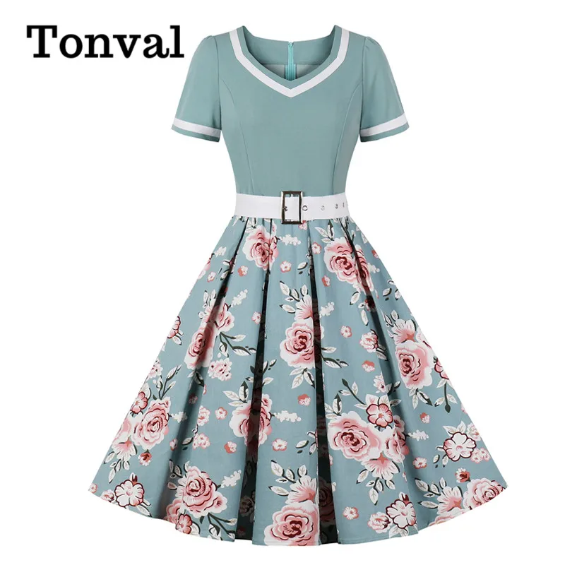 Elegant Dresses Rockabilly-Dress Pinup Pleated Tonval Vintage 50s Ladies Floral Plus-Size