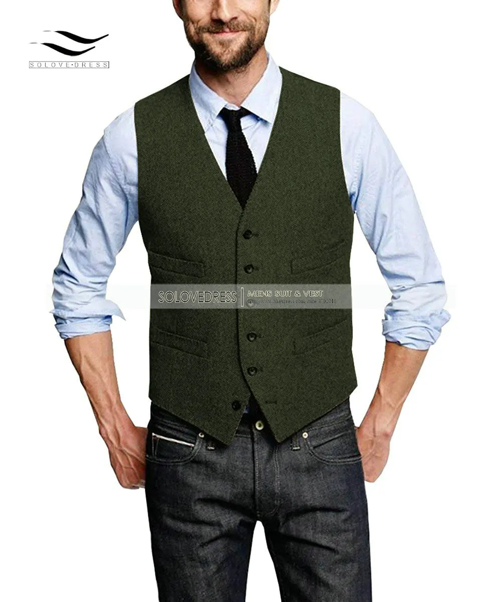Мужской костюм жилет V образным вырезом шерсть елочка твид Повседневный жилет официальный деловой жилет Groomman - Цвет: Army Green