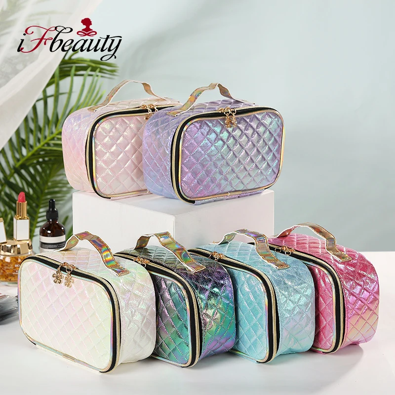 Fashion PU Portable Cosmetic Case Makeup Organizer Creative Square Laser Color Plaid Bag Cosmetic Storage Bag Fashion PU Portable Cosmetic Case Makeup Organizer Creative Square Laser Color Plaid Bag Cosmetic Storage Bag