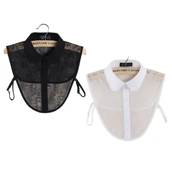 

Women Hollow Out Floral Lace Lapel Fake Collar High Low Irregular Half-Shirt Top