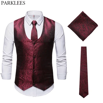 

Mens Wine Red Paisley Jacquard Dress Vest 2020 Brand 3pcs Suit Set Waistcoat Men Party Wedding Tuxedo Tie Suit Set Pocket Square