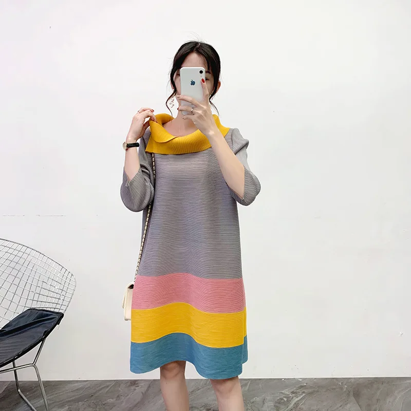 MIYAKE плиссированное платье осень и зима новое контрастное цветное Плиссированное базовое платье тонкое облегающее мясо размер