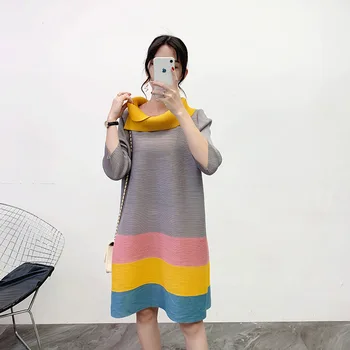 

MIYAKE pleated dress autumn and winter New contrast color pleated Base dresses slim cover meat size free shipping