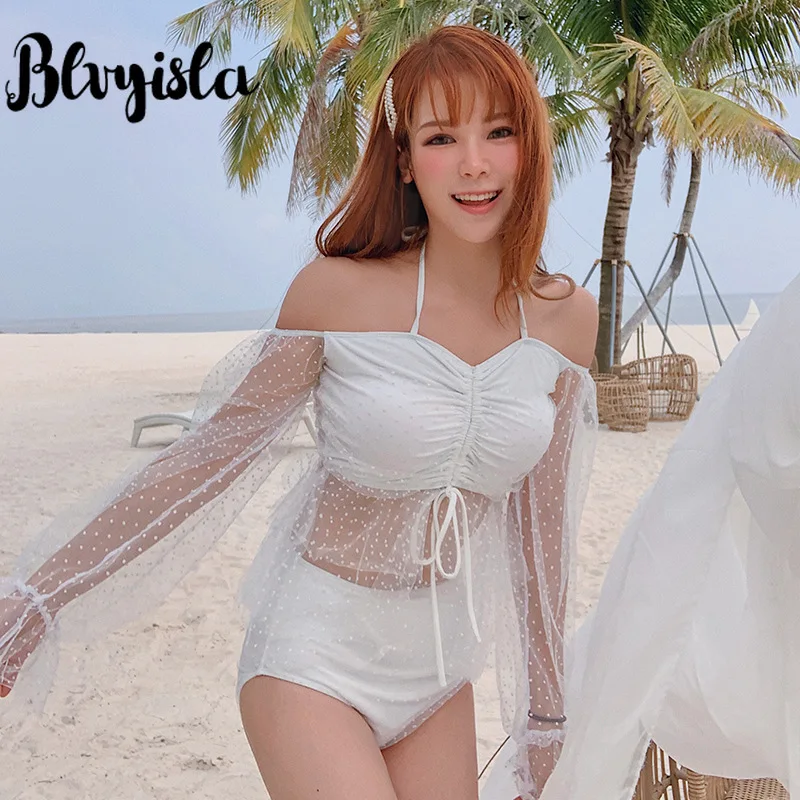

Small Chest Dot Print Solid White Swimsuits Long Sleeve Mesh Patchwork Kawaii Two Piece Set Steel Push Up Beachwear Bath Suits