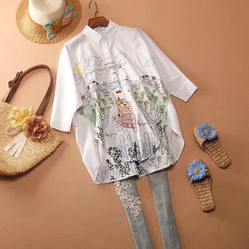 

Women's Shirts Cotton Wild Fashion Casual Ladies Blouses and Tops Embroidered Bat-wing Sleeve Three Quarter Sleeve New 2020