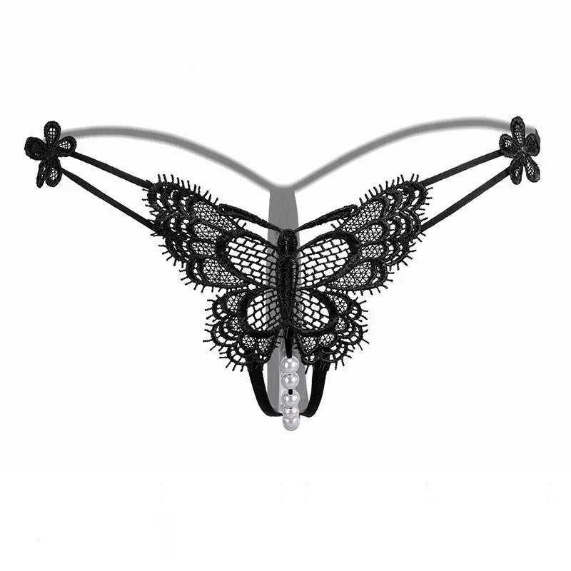 

Sexy Panties Womens Lingerie Butterfly Lace Open Crotch Thong G-Strings with Pearl Massaging Beads Erotic Underwear Briefs