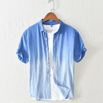 

2020 Men's Gradient Striped Cotton Linen Short-Sleeved Shirt Youth Dyed Washed Shirt