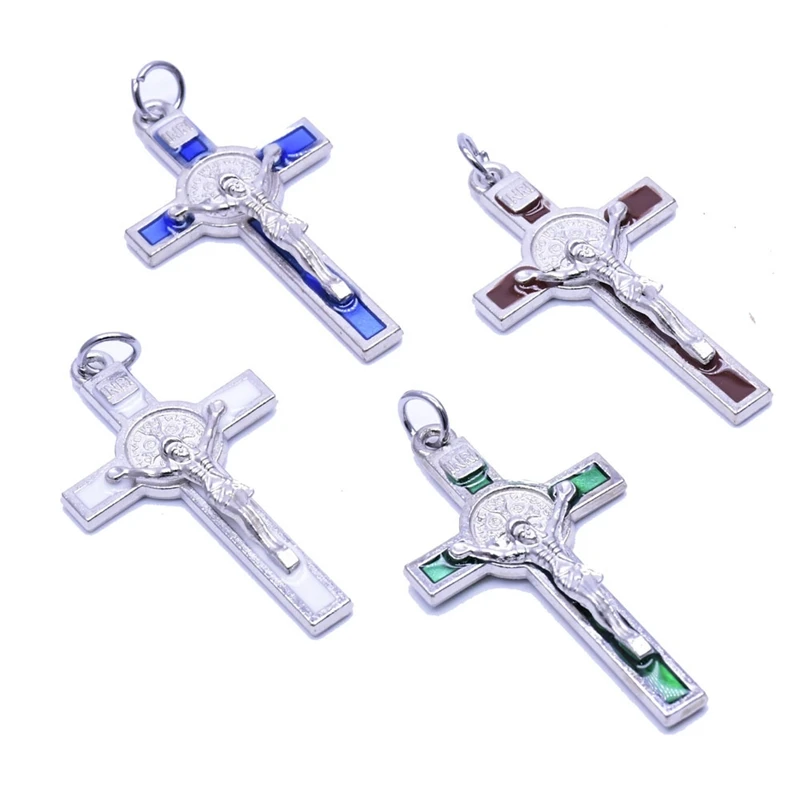 

QIGO Metal Enamel Jesus Cross Pendant Accessories Religious DIY Jewelry 5.2*3CM Red Blue Green White