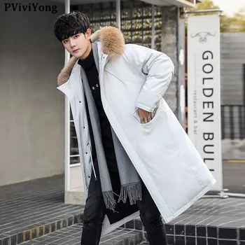 

PViviYong 2019 Winter high quality 90% white duck down jacket hooded fur Collar long coat men plus-size S-3XL 895