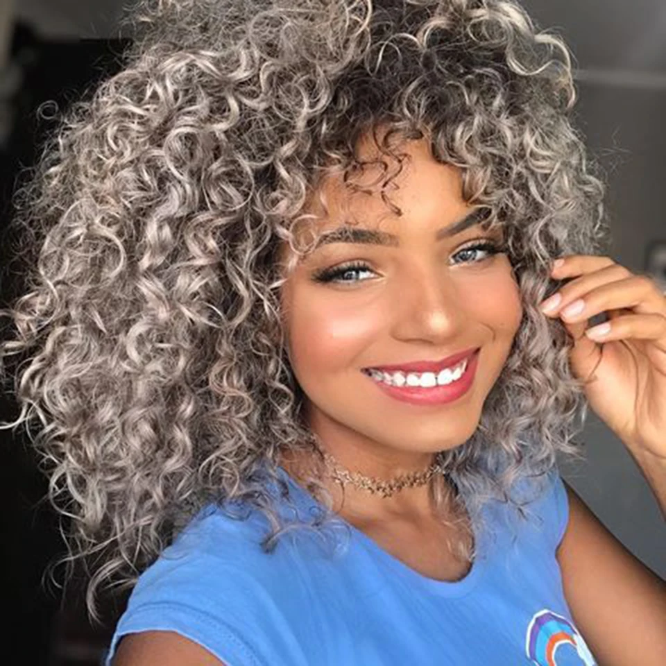 Stamped Glorious 14inches Afro Kinky Curly Wig Synthetic Short Wig With Bangs Mixed Brown and Blonde Wig for Black Women 6 Stamped Glorious 14inches Afro Kinky Curly Wig Synthetic Short Wig With Bangs Mixed Brown and Blonde Wig for Black Women 6