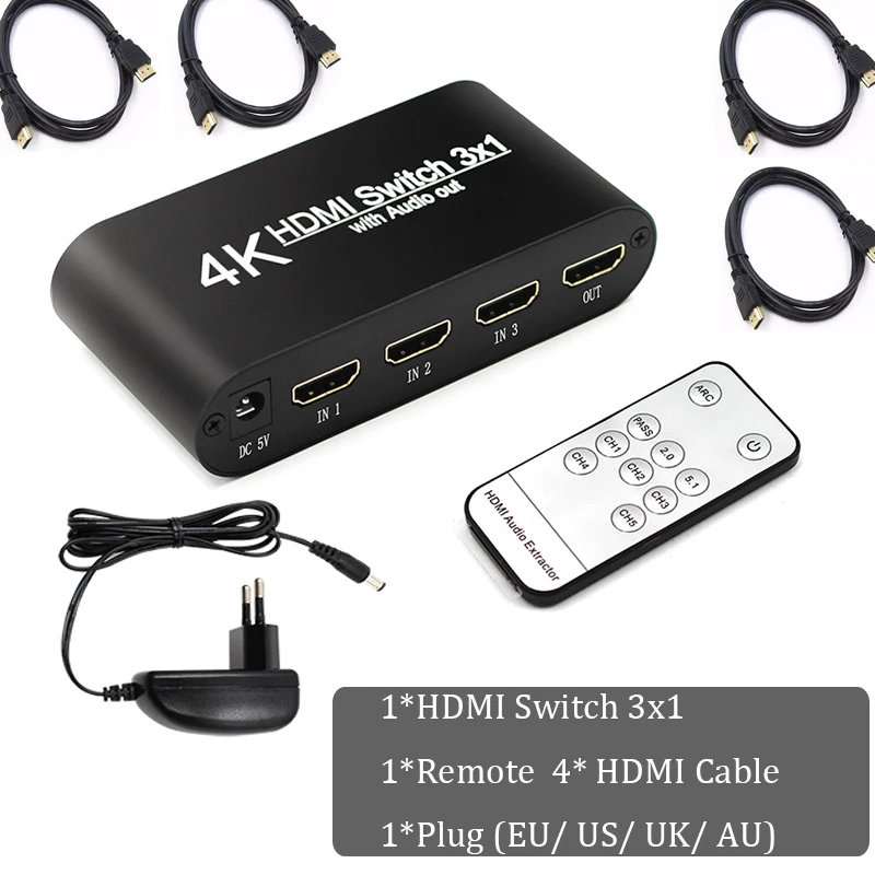 4K 3x1 HDMI коммутатор с дистанционным RCA аудио экстрактор с пультом дистанционного управления для ТВ xbox PS4 PC сплиттер 3x1 HDMI - Цвет: Plug Remote 4 HDMI