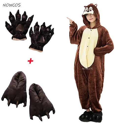 costume shoes gloves Фланелевая теплая бурундуком Животные Пижама для взрослых костюм бурундука Косплэй пижамы для Для женщин Onesie Милая Пижама Для мужчин пижамы свадебные туфли невесты - Цвет: costume shoes gloves