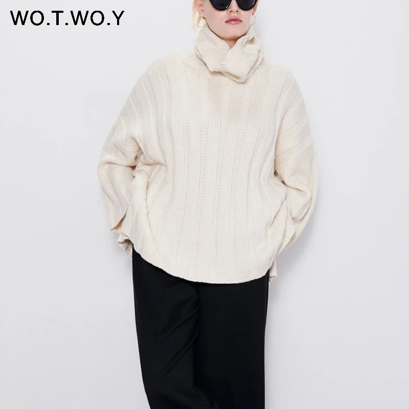 

WOTWOY Autumn Winter Turtle Neck White Knitted Women Sweater 2019 Casual Split Cotton Pullover Women Fashion Female Jumper