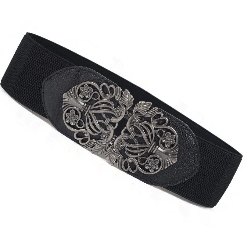 

Vintage Wide Waist Strap Female Carved Alloy Buckle Decorative Ladies All-Match Elastic Court Style Pure Color Accessories Belts
