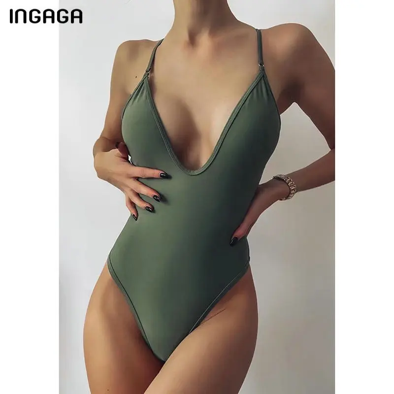 

INGAGA Solid One Piece Swimsuits Plunging Swimwear Women High Cut Bathers Army Green Bodysuits Sexy Strap 2020 New Beachwear