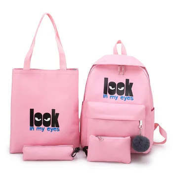 

Canvas Women Backpacks 4Pcs Set Letter Printing Schoolbag for Girl Boy Student Waterproof Solid Large Book Bag Travel Casual Bag
