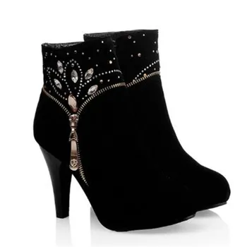 

2020 Fashion Women Ankle Boots Autumn Winter High heels Rhinestone Side zipper Suede Leather Short boots non-slip casual women