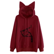 

Women Cat Printed Long Sleeve Pullovers Hoodies Female Fashion Casual Cat Ear Hooded Sweatshirts Tops Autumn Winter Loose Jumper