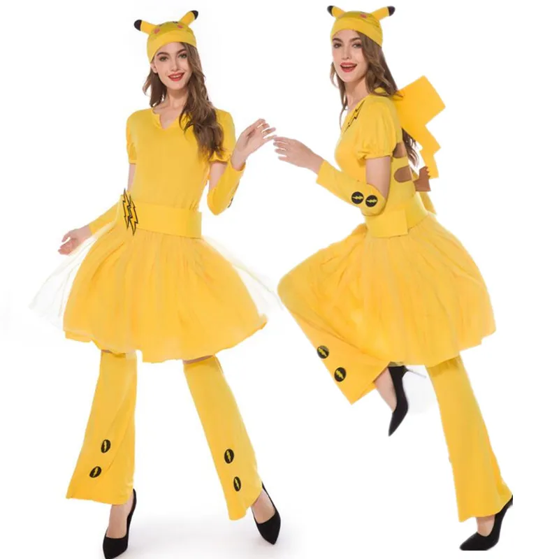 

4Pcs Women Anime Pikachu Pokemon Costume Wagging Tail Halloween Adult Cosplay Carnival Party Fancy Dress-Up Size M-XL