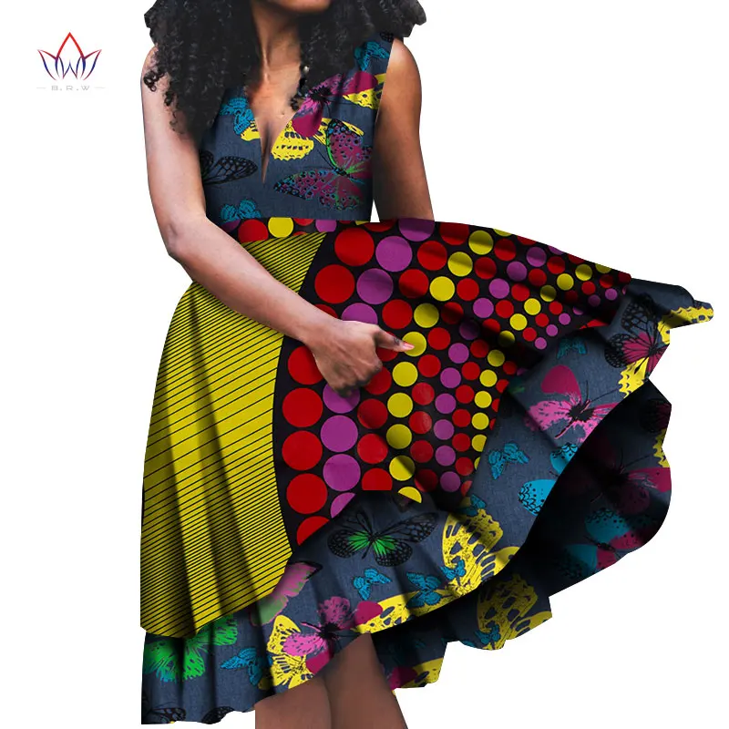 

African Bazin Riche Dresses For Women Bazin Riche Women African Clothing Sleeveless Ladies Dress V-neck Robe Wax Africain WY6668