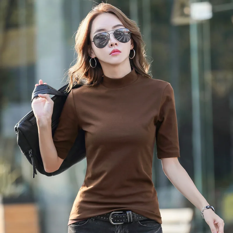 

Poleras Mujer Summer Women T Shirt 2022 Stand Collar Cotton T Shirts Korean Style Clothes Womens Tops Half Sleeve T Shirt Femme