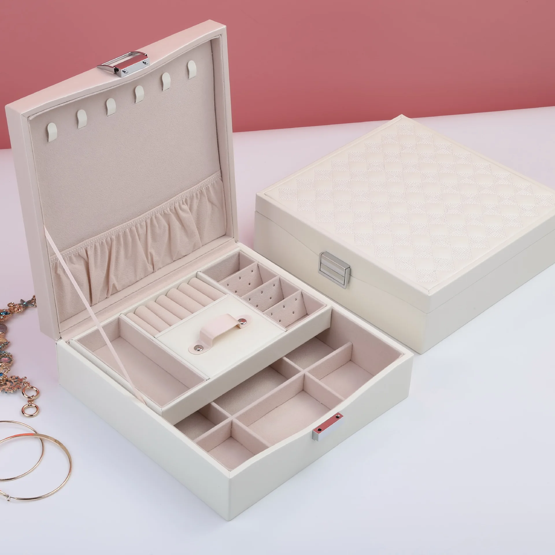 

Brand Square Jewelry Box PU Leather Double Layers Girls Earrings Rings Organizer Girls Makeup Jewel Carrying Box Birthday Gift