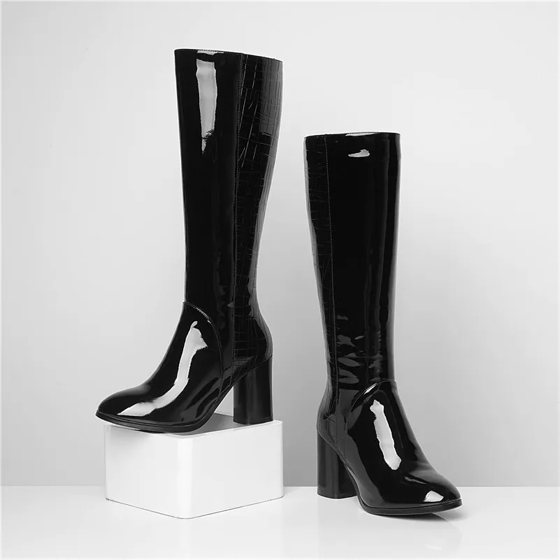 ANNYMOLI/Осенние Сапоги до колена женские высокие сапоги из натуральной кожи на толстом каблуке Обувь на очень высоком каблуке на молнии женская зимняя обувь 33-43