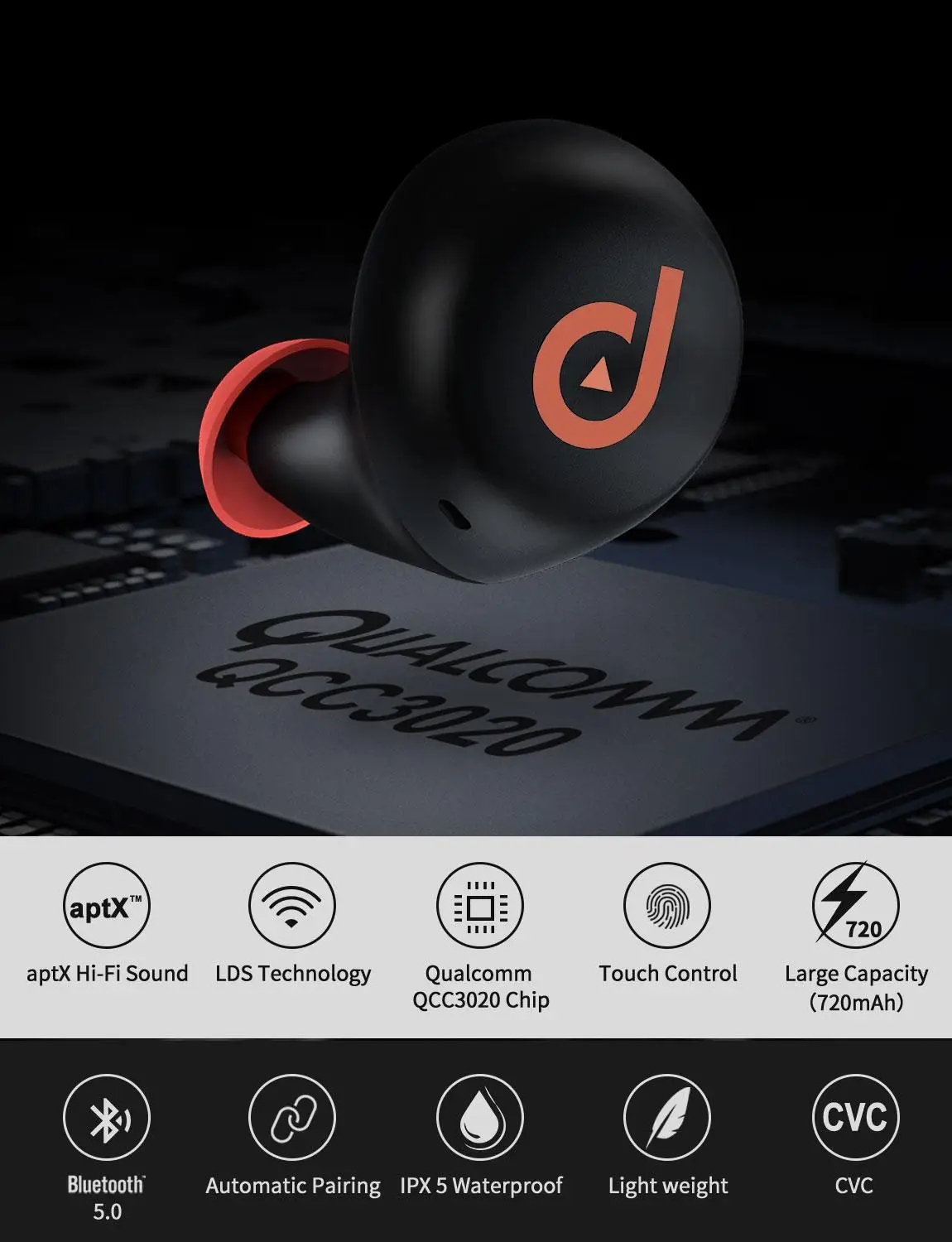 TWS Bluetooth 5 0 aptx Автоматическое Сопряжение сенсорное управление CVC 6 шумоподавление