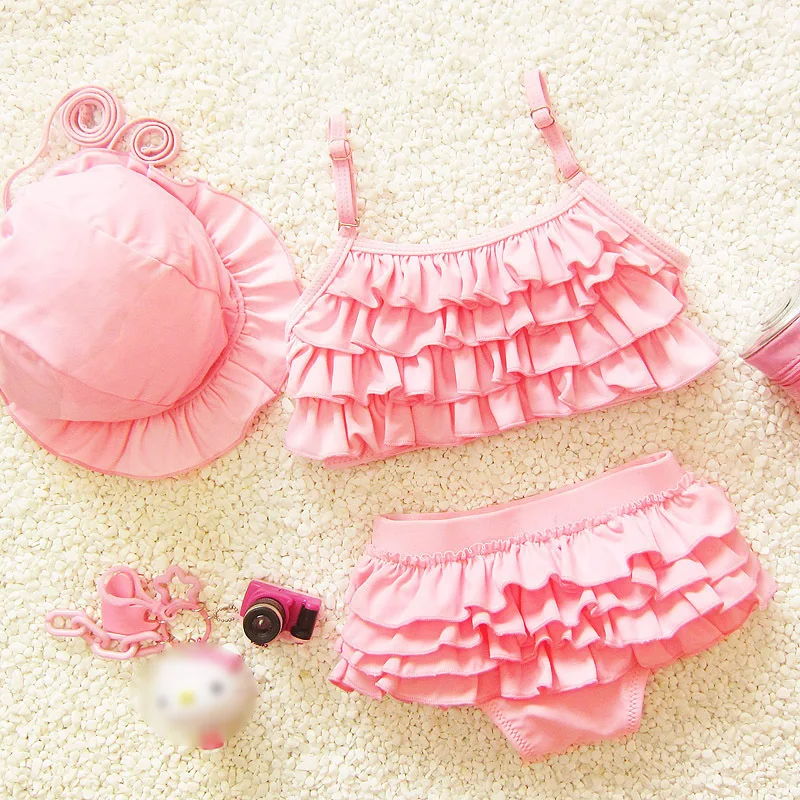 

2020 New Small and Medium Three-piece Princess Suit Split Baby Pink Child Baby Girl Bikini Solid Color Children's Swimsuit
