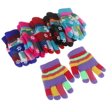 One Pair Autumn Winter Children Bilayer Thickened Snow Print Colored Yarn Knit Gloves