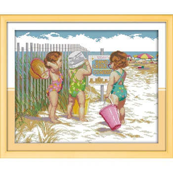 

Babies play in the beach Chinese cross stitch kits Ecological cotton stamped printed 11CT DIY Christmas gift wedding decoration