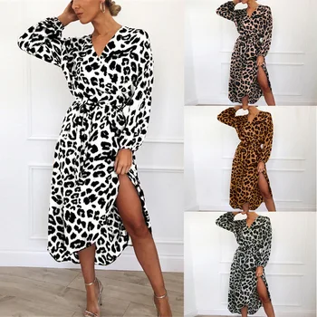 

2020 Summer Fashion Sexy siender Women's Leopard-Print V-Neck High-Waist Lace-Up Irregular Dress Graceful Office Commute Dresses