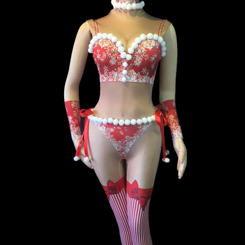 Sexy Women's Christmas Celebration Party Pole Dance Stretch Jumpsuits Female Fashion Hairball Halter Skinny Performance Costumes