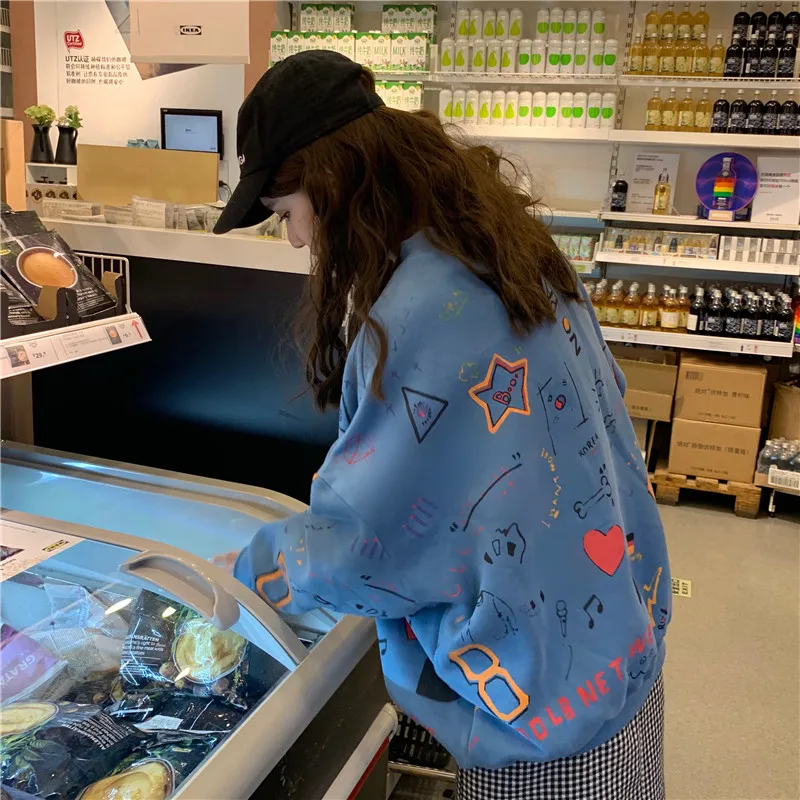 Граффити печати оверсайз осень новая корейская мода женская одежда Harajuku стиль ulzzang свободные толстовки с длинными рукавами
