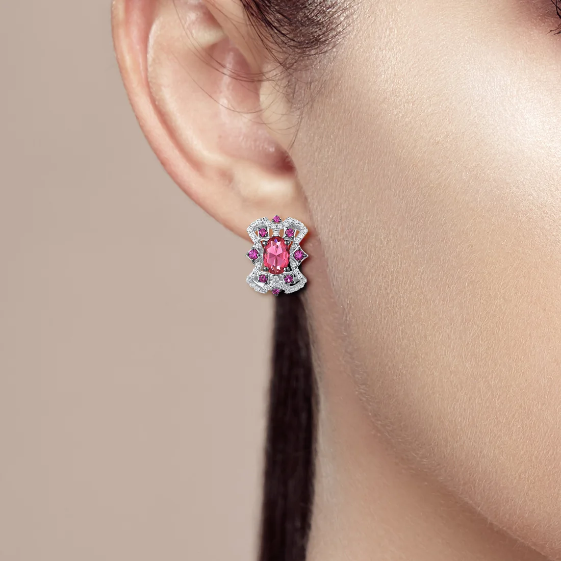 SANTUZZA 925 Sterling Silver Earrings For Women Sparkling Pink Red Stones White CZ Stud Earrings Elegant Gorgeous Fine Jewelry