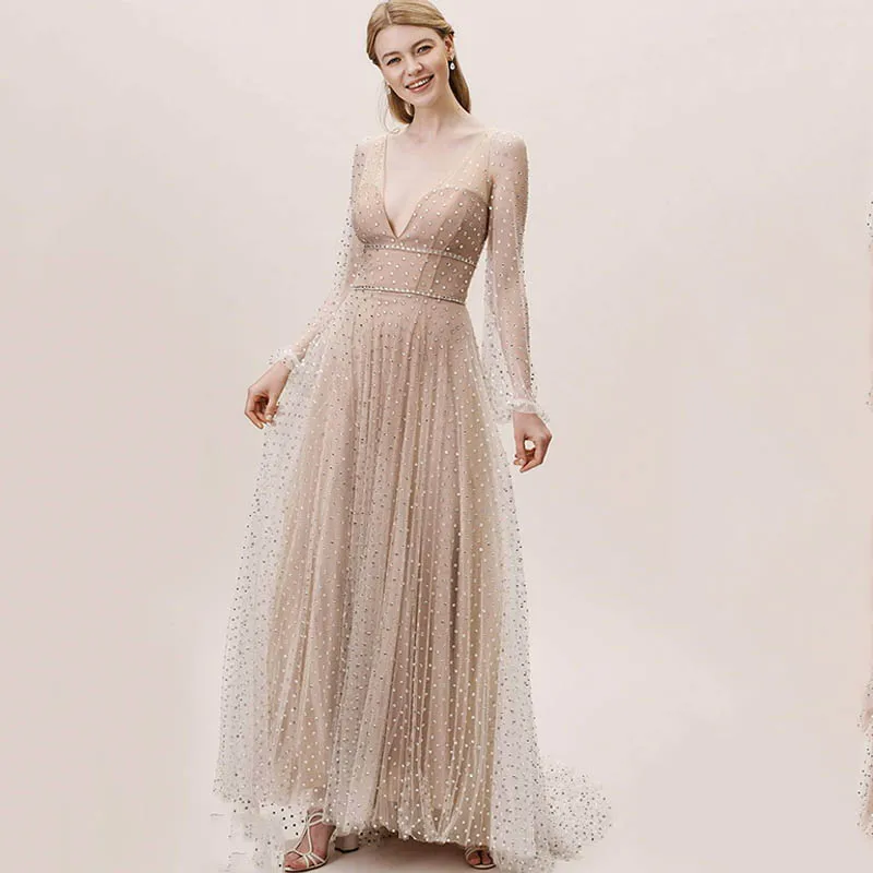 

Eightree Pink Wedding Party Dress Elegant Evening Dresses Long Sleeve Robe soiree V Neck Prom Dress Vestido de festa longo