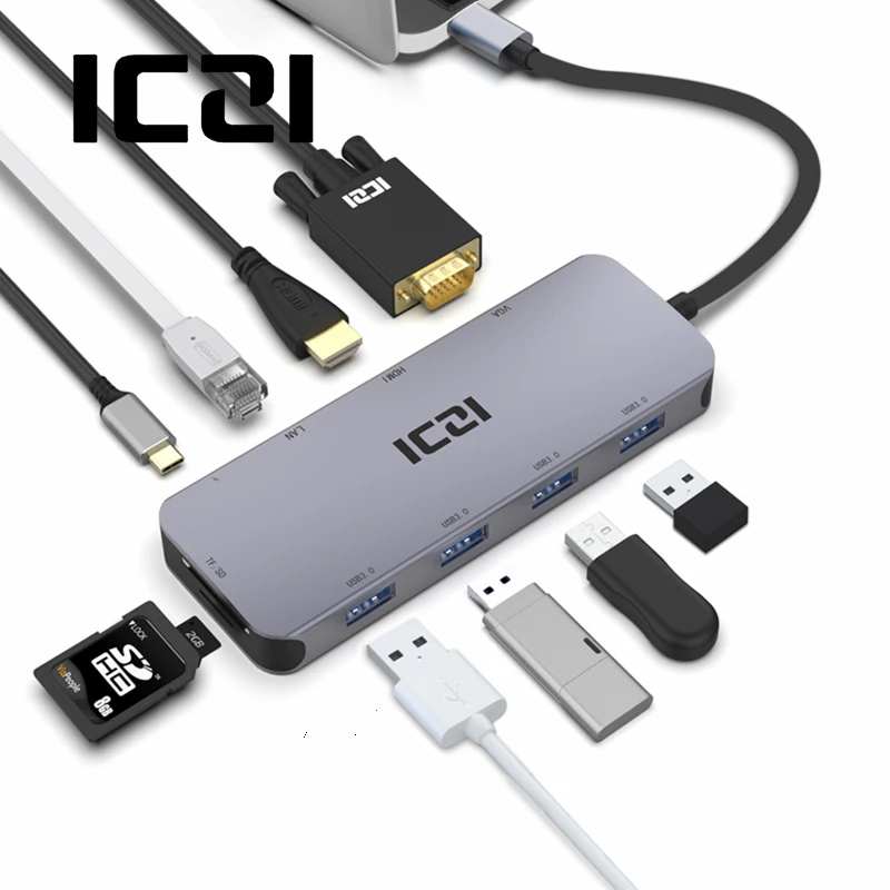 ICZI USB C концентратор 10 в 1 Тип C до 4K HDMI VGA USB 3,0 кард-ридер RJ45 Мощность конвертер для MacBook samsung S10 huawei P30