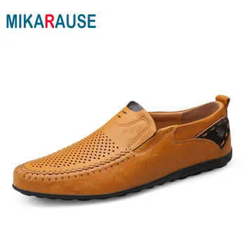 

Mikarause Plush Size39-47 Mens Loafers Cowhide Leather Shoes Breathable Hollow Mocassin Homme Fashion Man Summer Driving Shoes