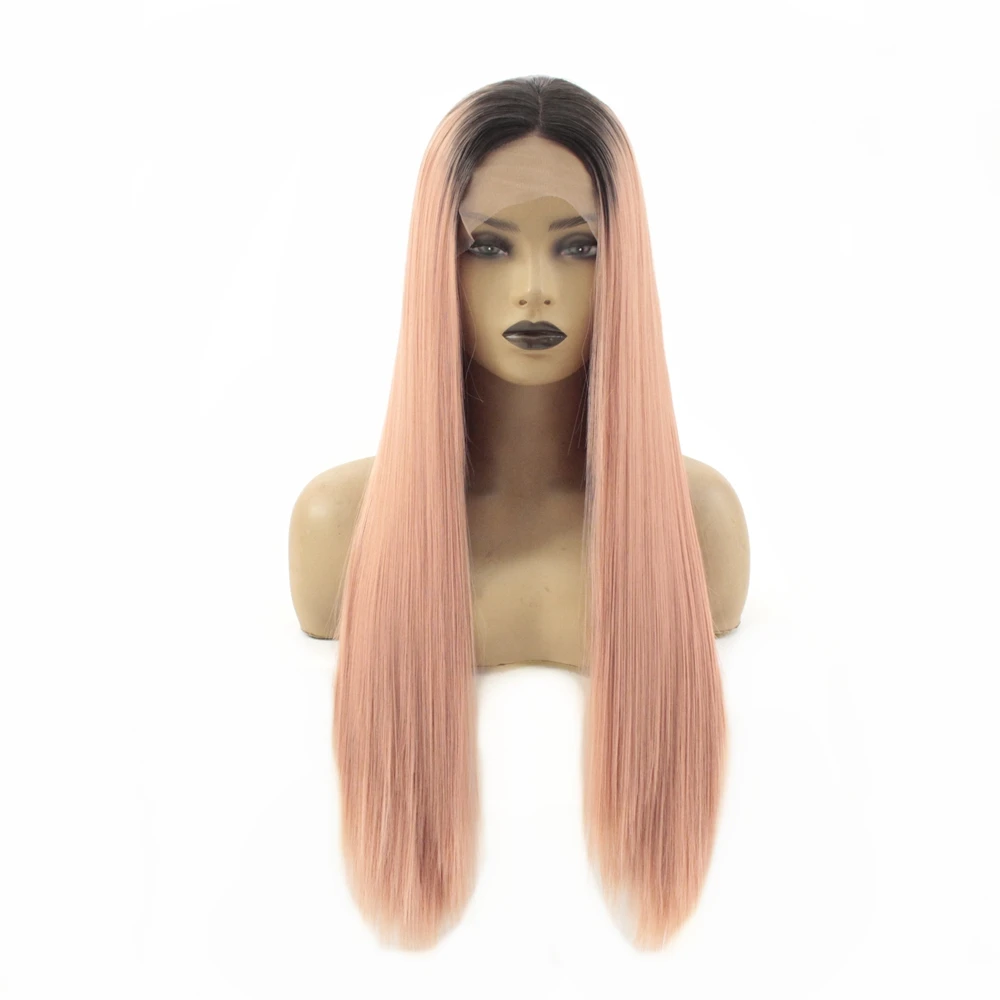 Synthetic Lace Front Wig Long Straight Ombre Brown Women's Wigs with Baby Hair Heat Resistant African American Wig Middle Part