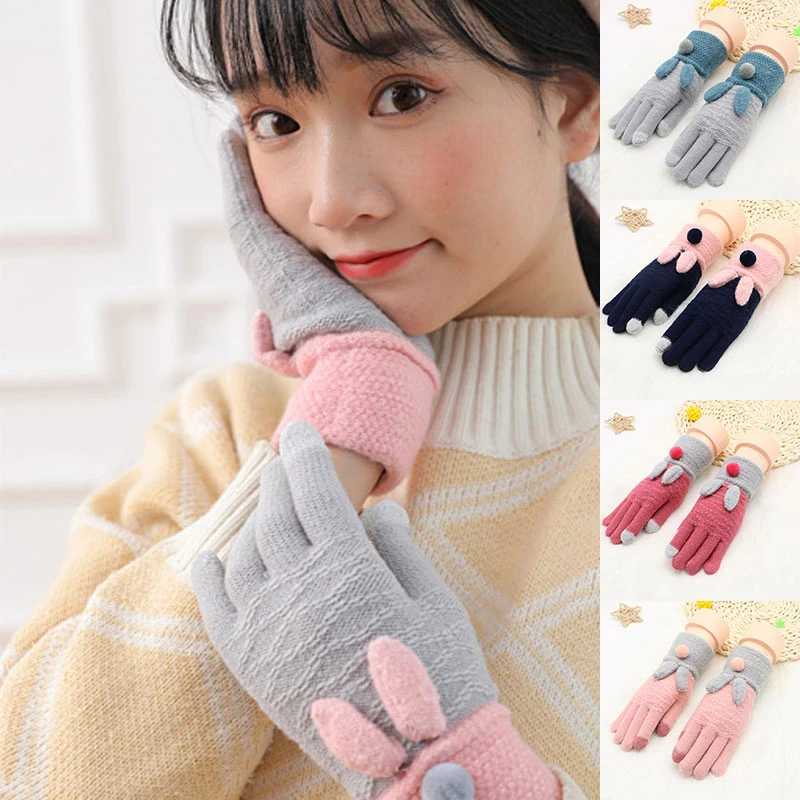 

Female Autumn Winter Knitted Gloves Cycling Riding Driving Thick Warm Touch Screen Full Finger With Rabbit Ears Fur Ball Mittens
