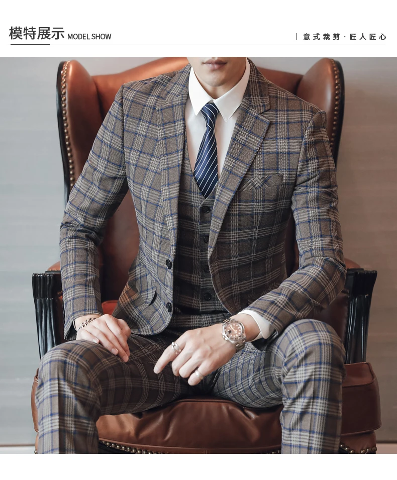 Костюм Homme, однобортный костюм, мужские клетчатые костюмы, мужской комплект из 3 предметов, деловой костюм для мужчин, британский Terno, деловой костюм, Homme Mariage