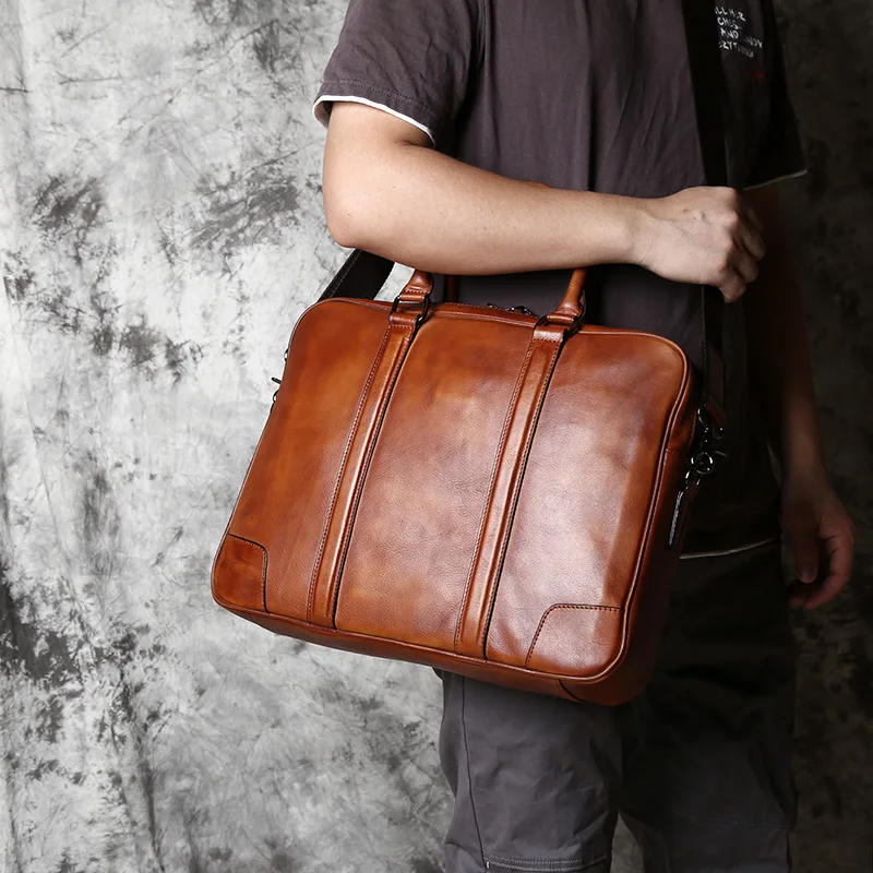 NZPJ Retro Handmade Leather Men's Handbag Top Layer Cowhide Briefcase Vegetable Tanned Leather Horizontal Business Computer Bag
