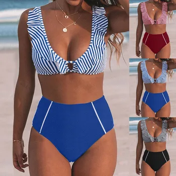 

Simple Swimwear Women High Waist Bikini Push Up Bathing Suit Stripe Print Swimsuit Bikinis 2020 Mujer Ruffles Beach Swim Wear#40