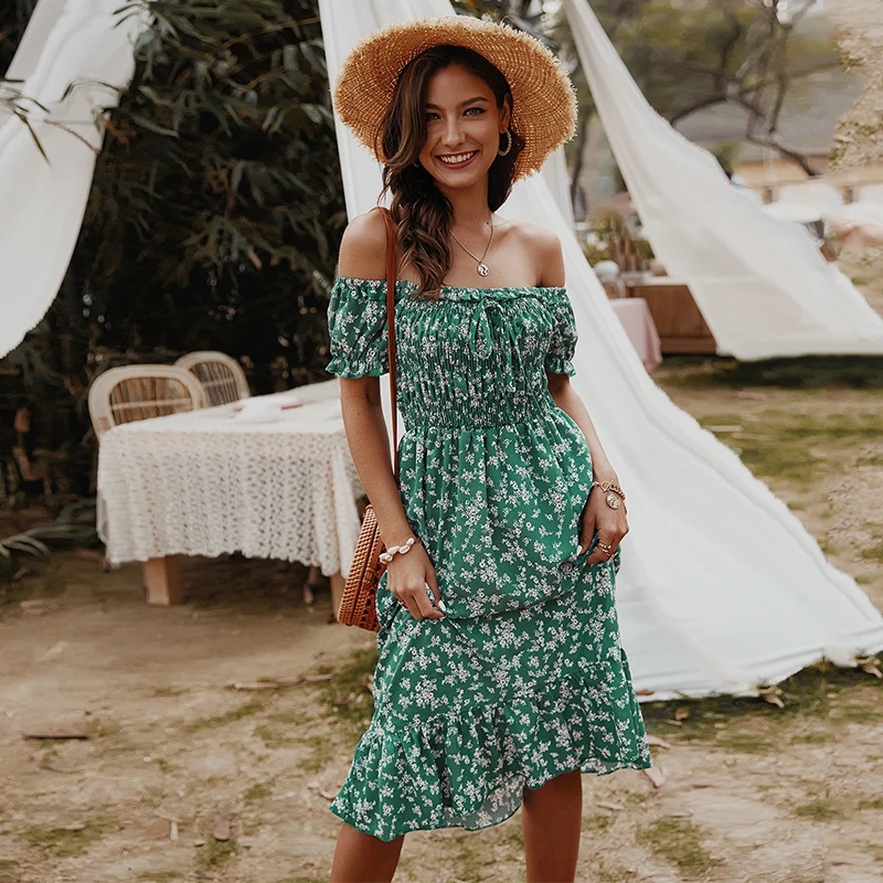 Ofertas Especiales Vestido bohemio de algodón con hombros descubiertos para mujer, vestido elegante de manga corta con estampado Floral y cuello de barco para verano 2021 jYQOMgEzmyV