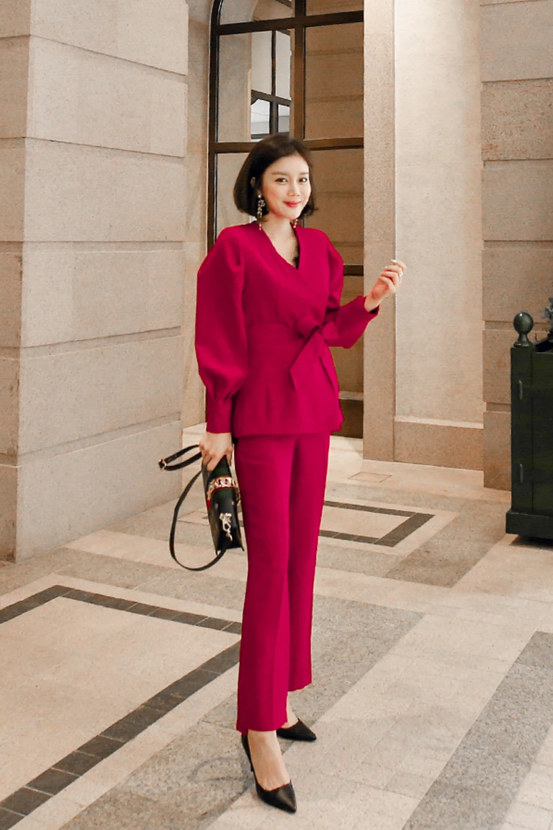 New Autumn Red Lady Fashion V-neck Office Work Elegant Two Piece Set Women Pant Suit High Quality With Sashes Casual
