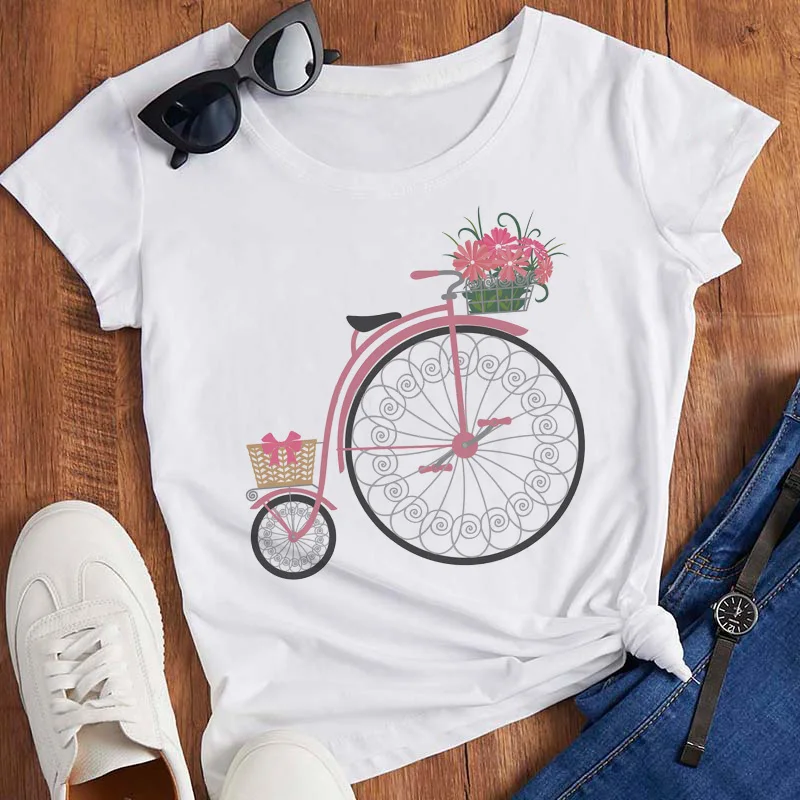 Pink T Shirt Women Beautiful Scenery Bicycle Vogue Casual Tshirt Harajuku Korean Style Graphic Tops Kawaii Short Sleeve T-shirt