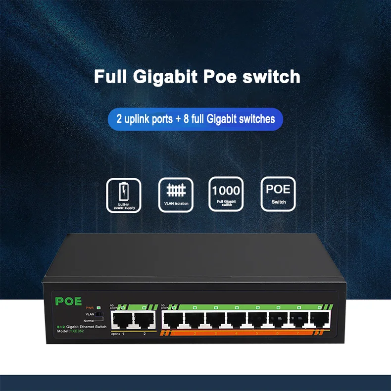 10 Port Standard POE Gigabit Switch IEEE 802.3 af/at 52V 2.3A 