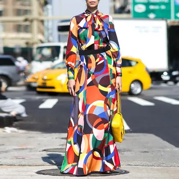 

Women Vintage Baggy Boho Maxi Dress Geometric Print Long Sleeve Turtleneck Long Dress Casual Party Dresses Beach Dresses#J30