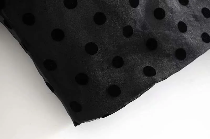 Женские топы из органзы в горошек, новинка, черная модная женская блузка с пышными рукавами, сексуальные укороченные топы для девушек с круглым вырезом, весна INKEO 9T046