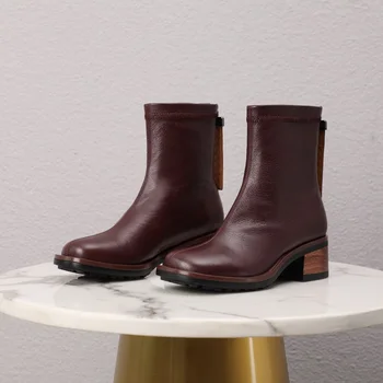 

simple comfortable square toe genuine leather thick high heels Korean nightclub european pop zipper ankle boots fashion boots